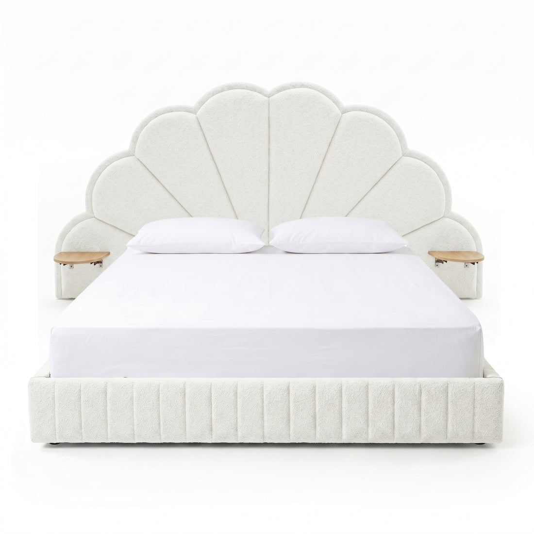 Modern scallop-shaped upholstered bed with integrated side tables on white background