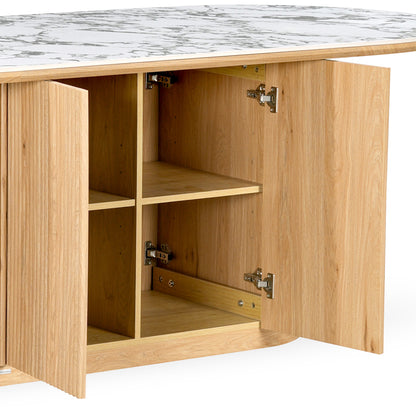 Lower half of a wooden furniture piece with open cabinet storage on a white background