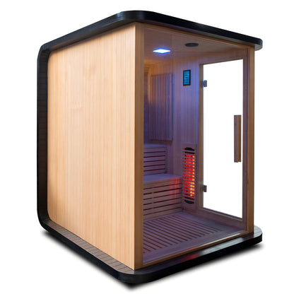Freestanding sauna with illuminated interior on white background