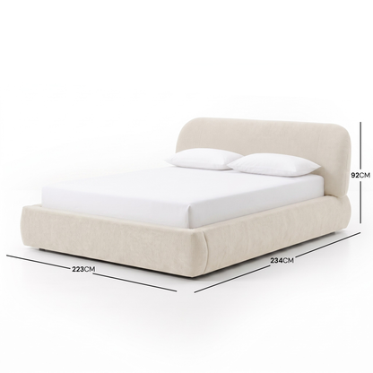 Modern upholstered bed on white background with dimension markers showing height, depth, and width