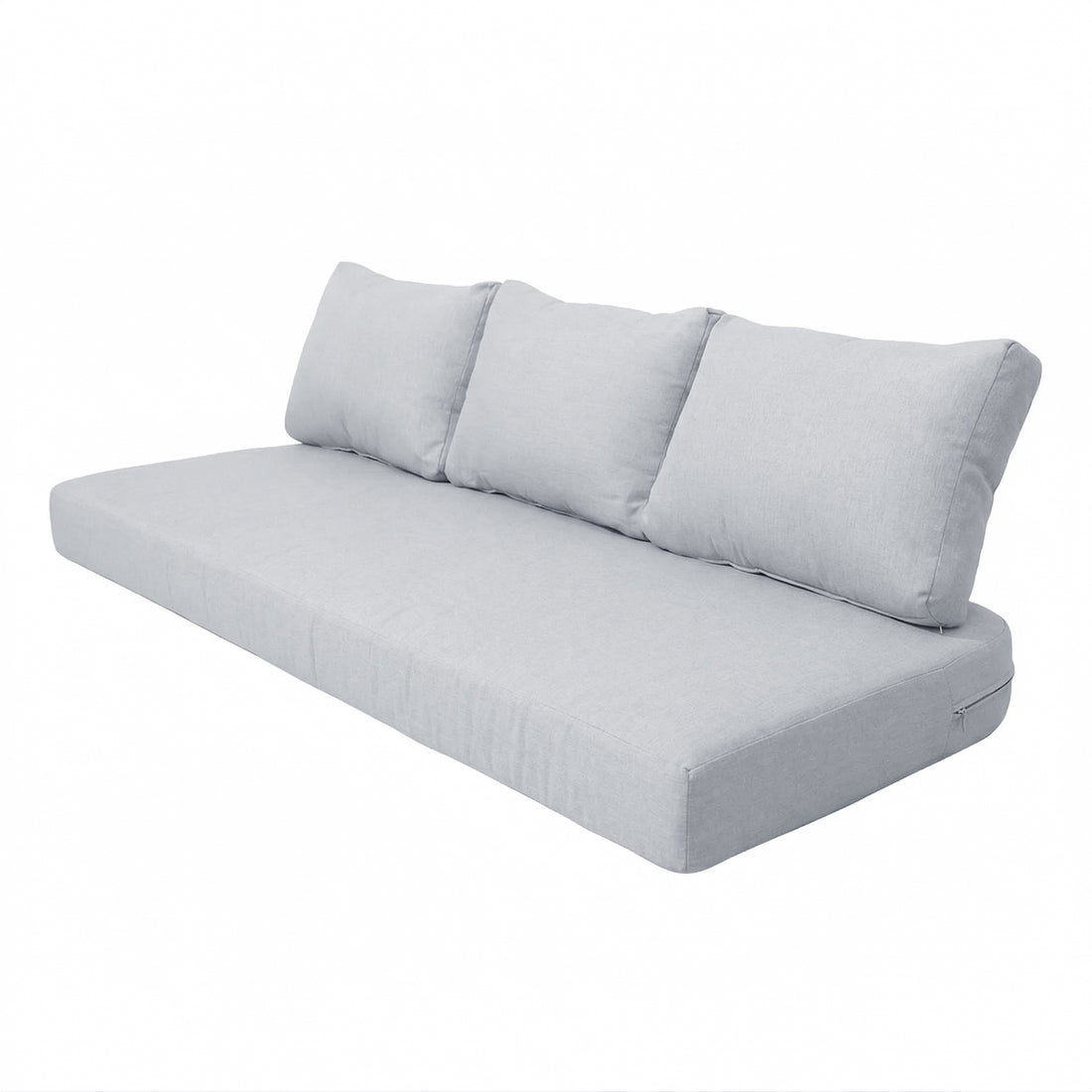 Light gray sofa cushion set with three backrest cushions and one seat cushion on white background