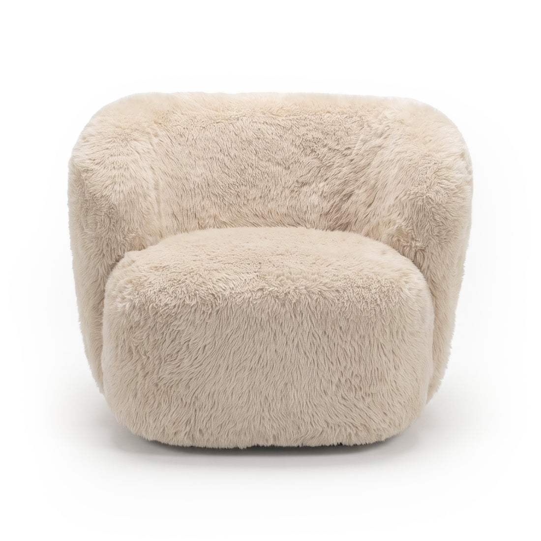 Front view of a cream shaggy faux fur accent chair on a white background