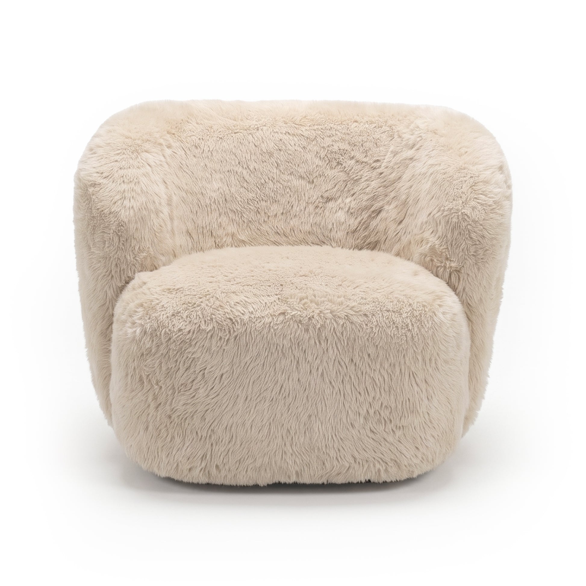 Front view of a cream shaggy faux fur accent chair on a white background
