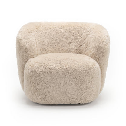 Front view of a cream shaggy faux fur accent chair on a white background