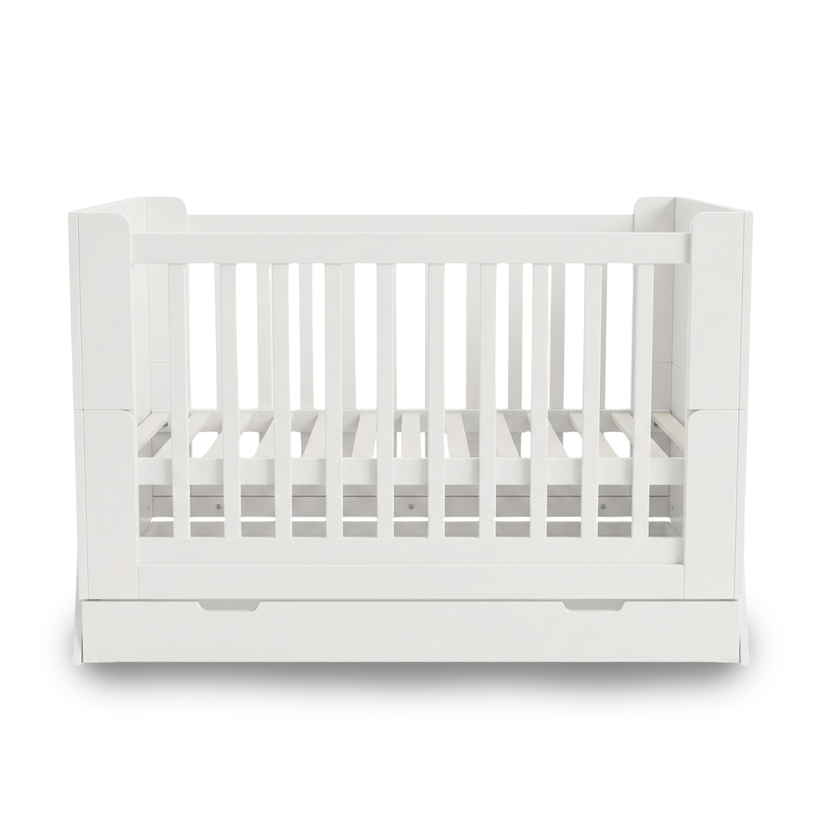 White baby crib on white background full front view with drawer