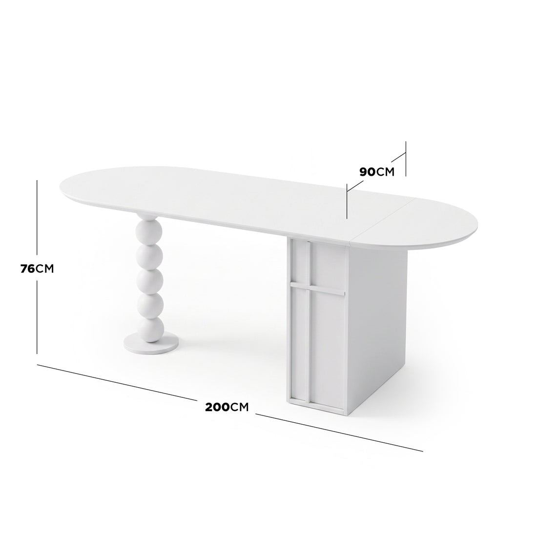 White modern table with measurement lines showing 200 cm by 90 cm by 76 cm