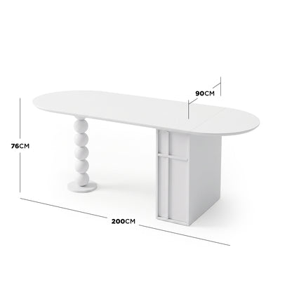 White modern table with measurement lines showing 200 cm by 90 cm by 76 cm