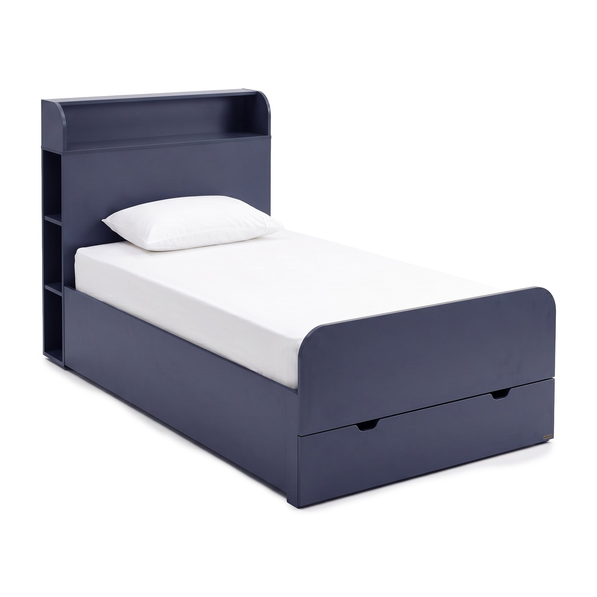 Modern dark blue single bed with bookcase headboard and storage drawer on white background