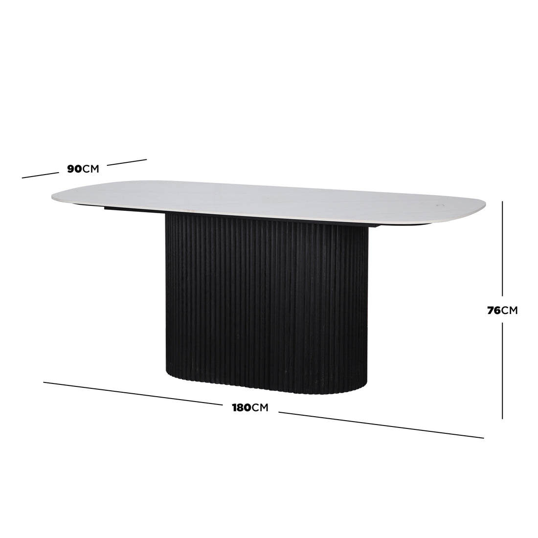 Aeris 180cm Marble Look Dining Table With Wood Base in Black features a white elongated oval tabletop and a central pedestal with vertical ribbing, offering a modern, elegant dining solution.