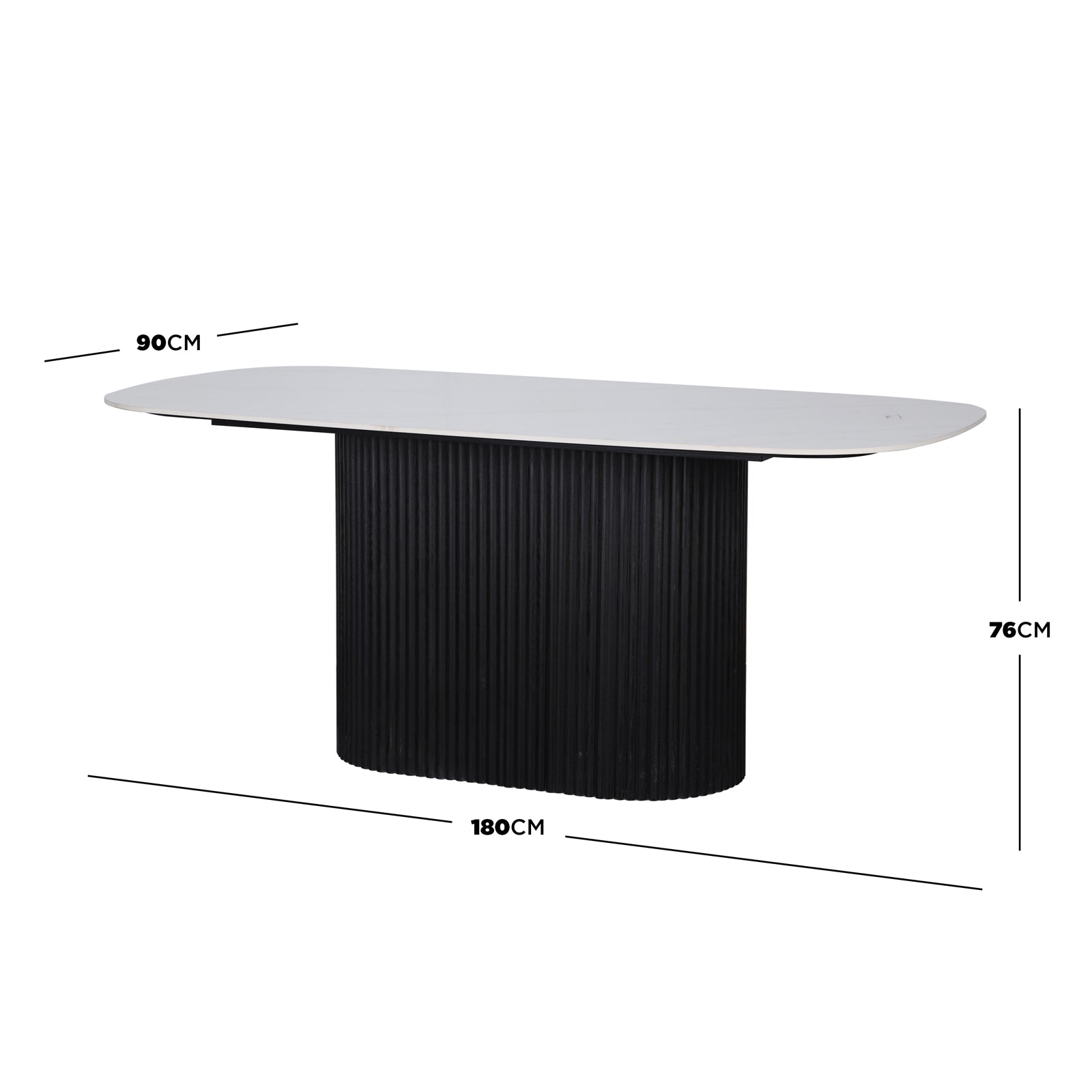 Aeris 180cm Marble Look Dining Table With Wood Base in Black features a white elongated oval tabletop and a central pedestal with vertical ribbing, offering a modern, elegant dining solution.