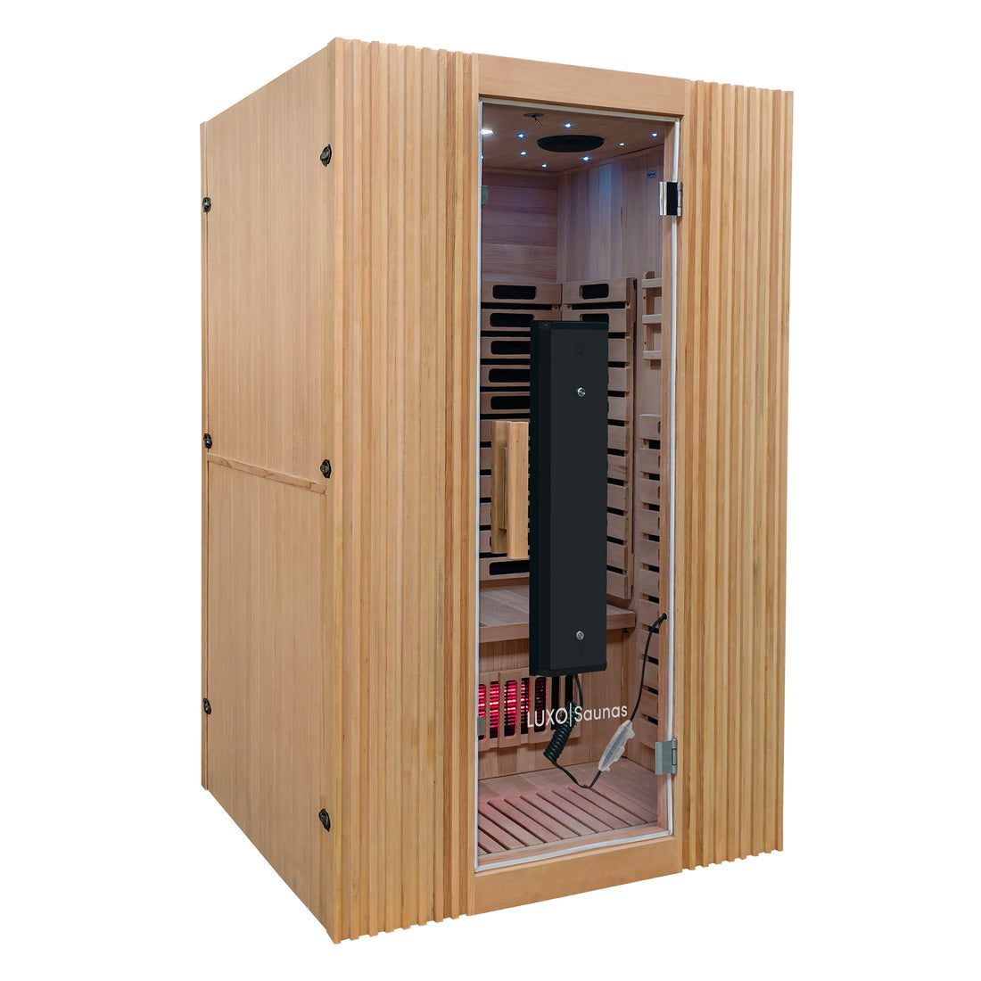 Modern personal sauna on a white background with glass door and visible interior bench.