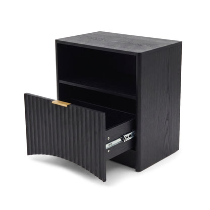 Black nightstand on white background with drawer partially open