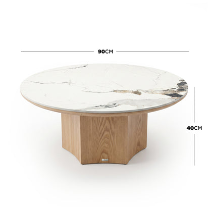 Round coffee table with marble top and wood base shown with 90 cm diameter and 40 cm height measurements.