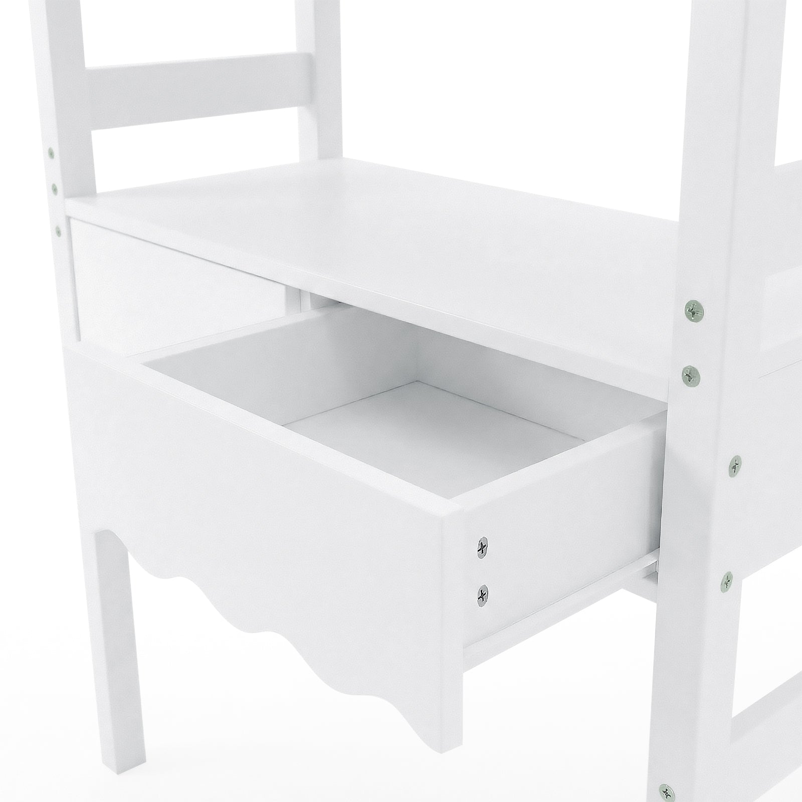 White wooden step stool with storage drawer on white background