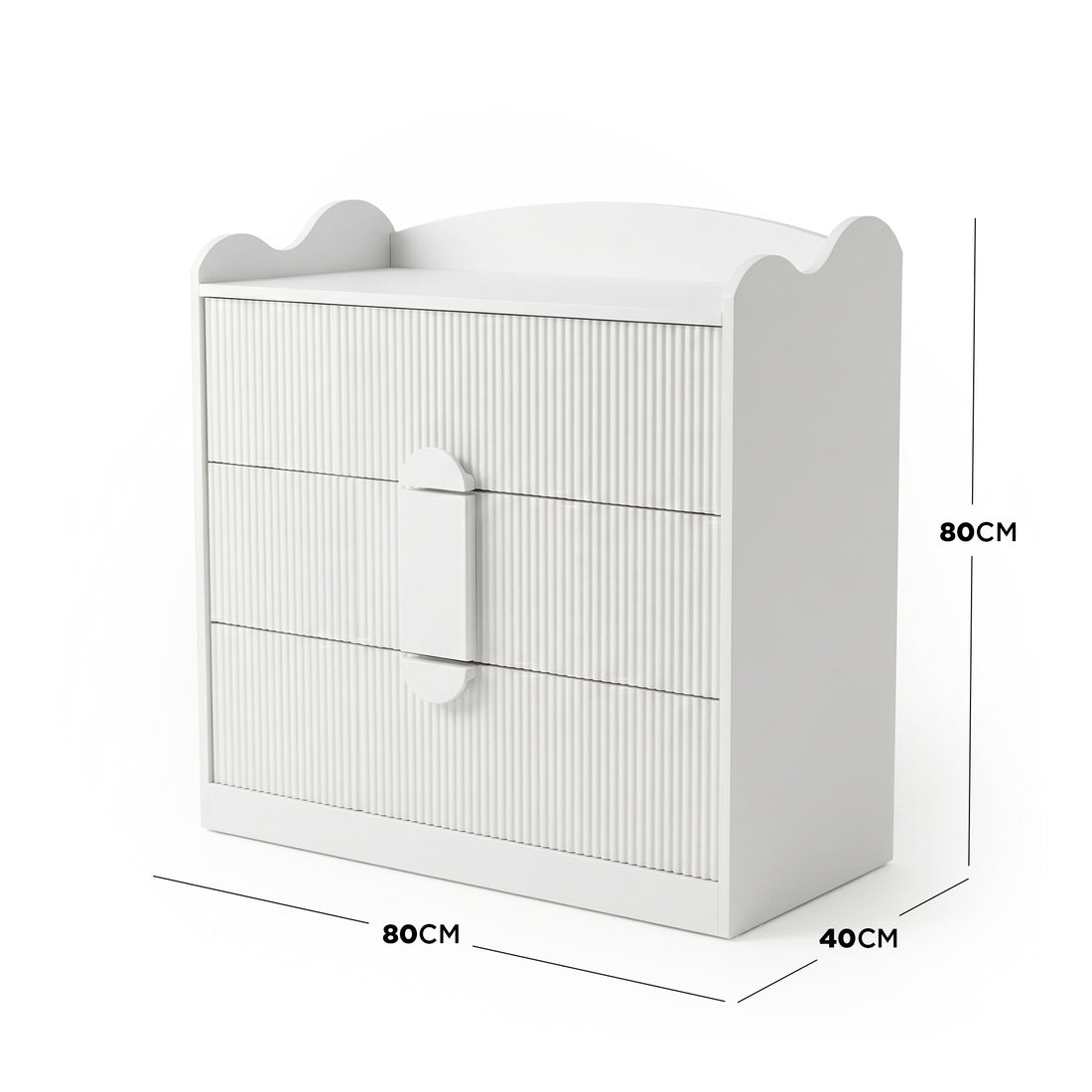 White three-drawer dresser with dimension lines and measurements on white background