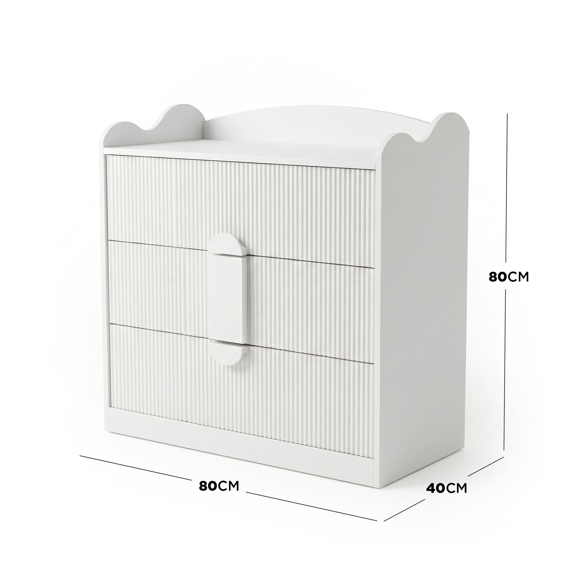 White three-drawer dresser with dimension lines and measurements on white background