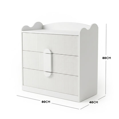 White three-drawer dresser with dimension lines and measurements on white background
