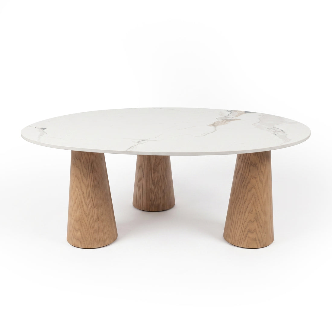 Modern round coffee table with marble-effect top and three angled wooden legs on a white background
