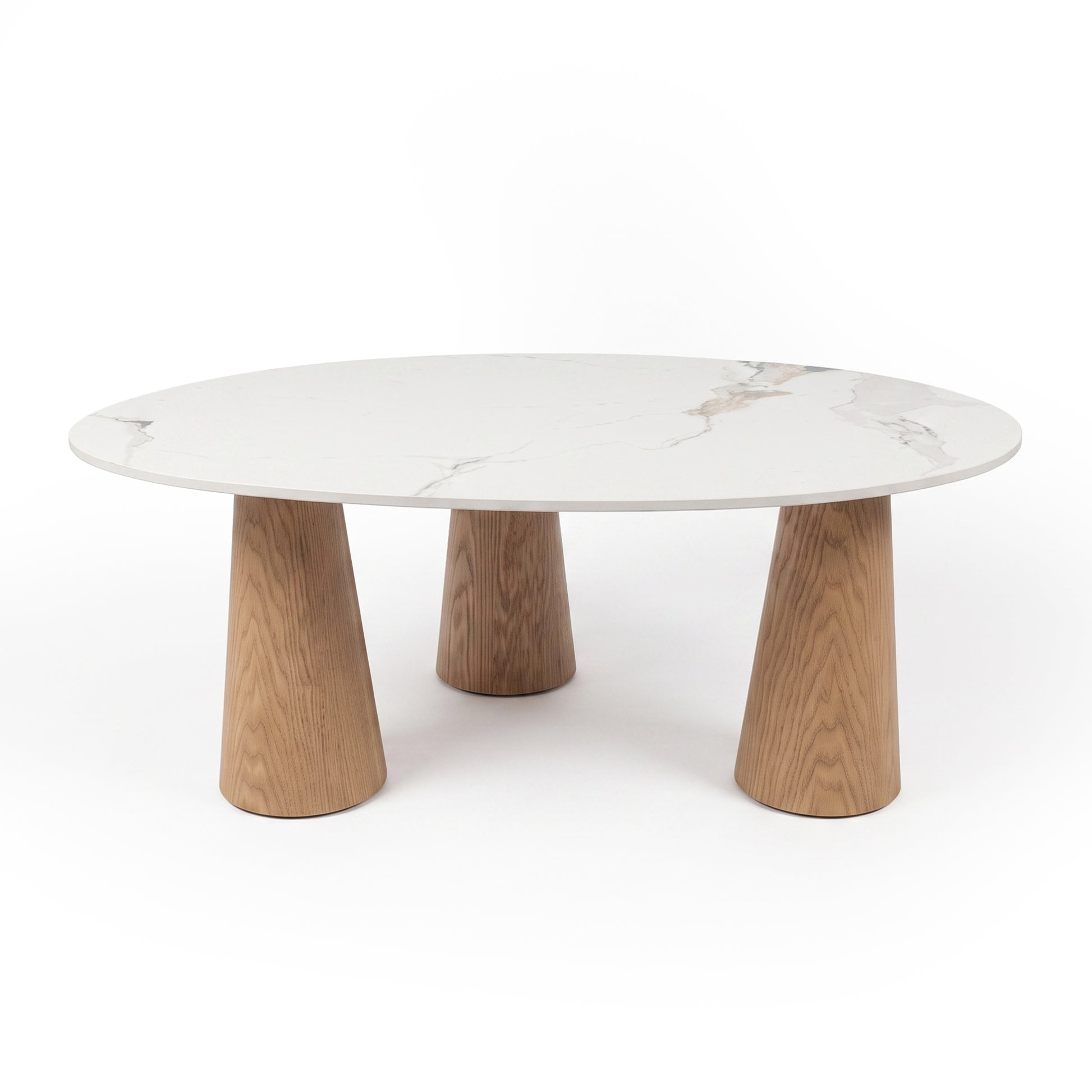 Modern round coffee table with marble-effect top and three angled wooden legs on a white background