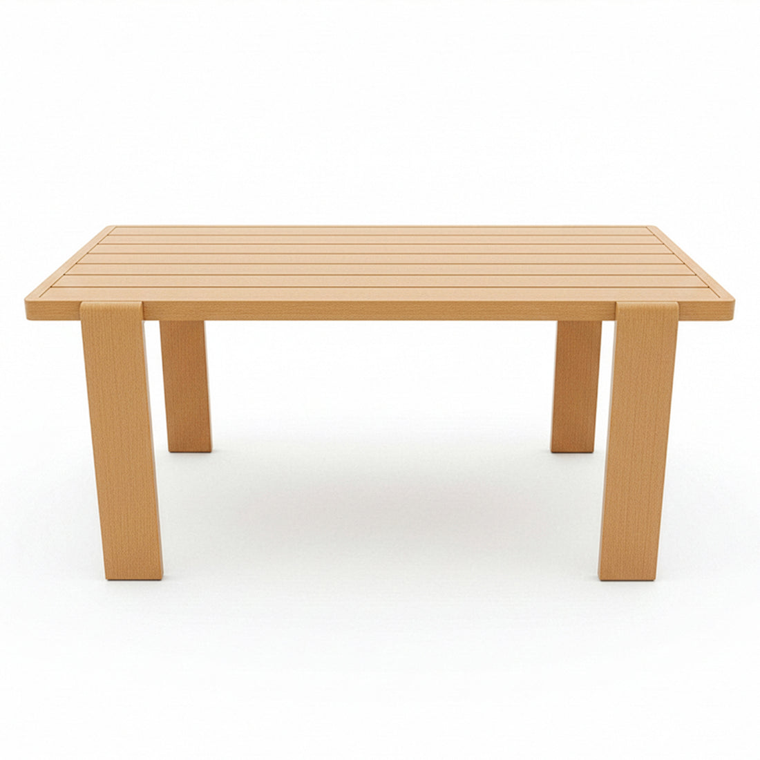 Positano 6 Seater Aluminium Outdoor Dining Set: A rectangular wooden-look table with a slatted top and sturdy legs, designed for outdoor dining, complemented by six cushioned chairs for comfort.