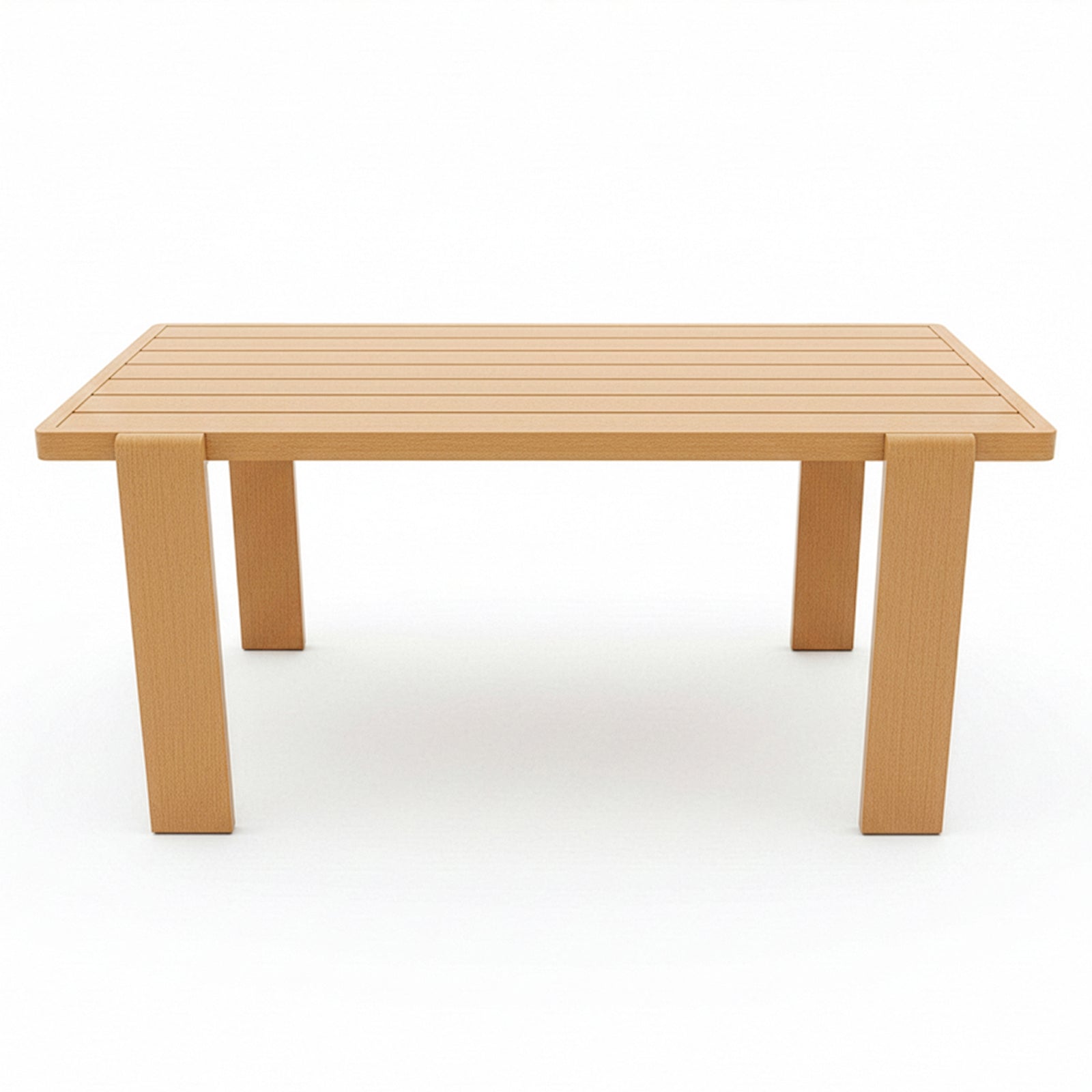 Positano 6 Seater Aluminium Outdoor Dining Set: A rectangular wooden-look table with a slatted top and sturdy legs, designed for outdoor dining, complemented by six cushioned chairs for comfort.
