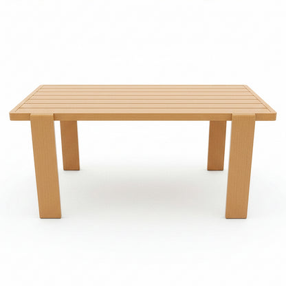Positano 6 Seater Aluminium Outdoor Dining Set: A rectangular wooden-look table with a slatted top and sturdy legs, designed for outdoor dining, complemented by six cushioned chairs for comfort.