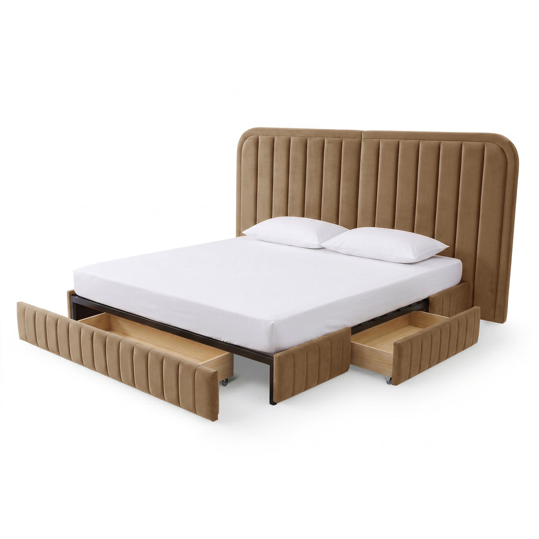 Upholstered bed with built-in storage drawers partially open on a white background