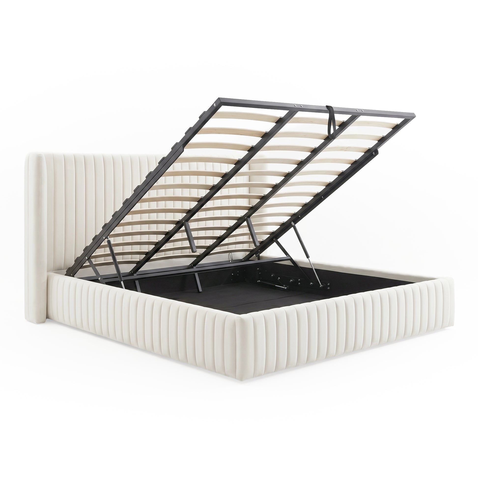Upholstered bed frame showing lift-up storage mechanism on white background