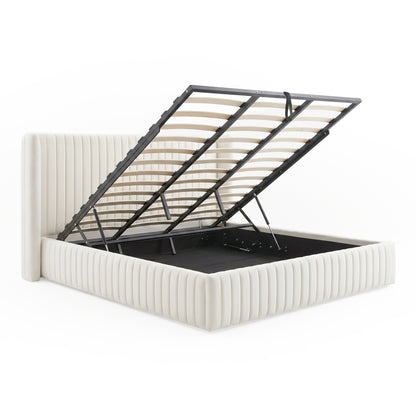 Upholstered bed frame showing lift-up storage mechanism on white background