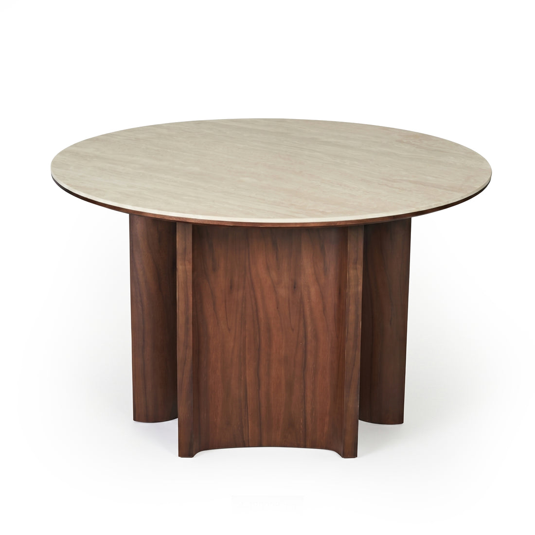 Round dining table with light tabletop and wooden base on a white background