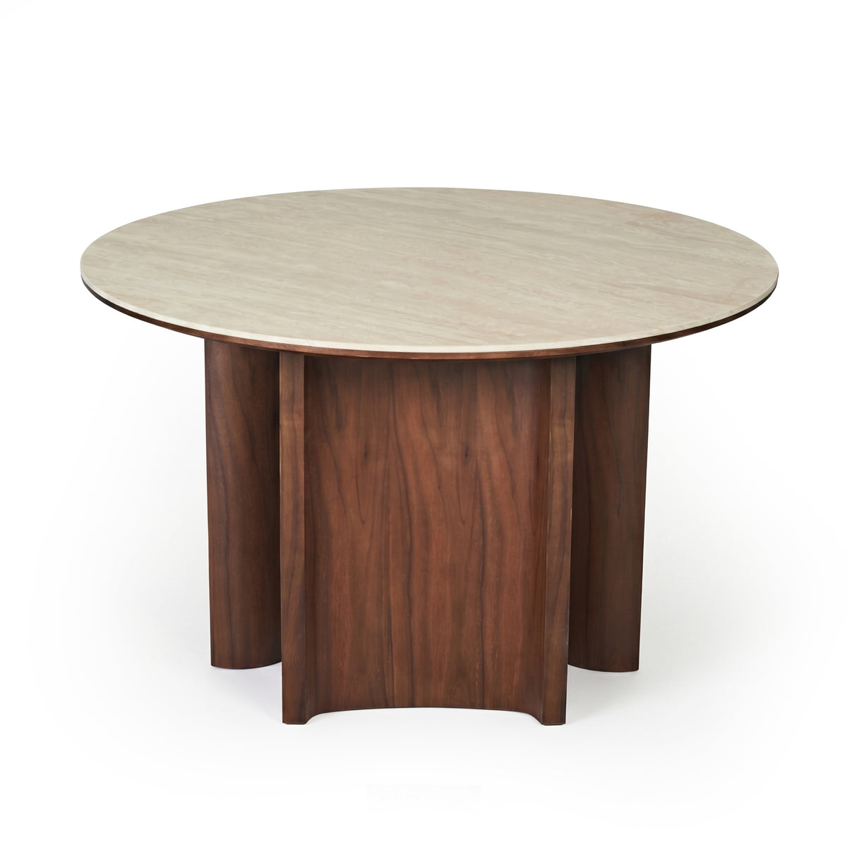 Round dining table with light tabletop and wooden base on a white background
