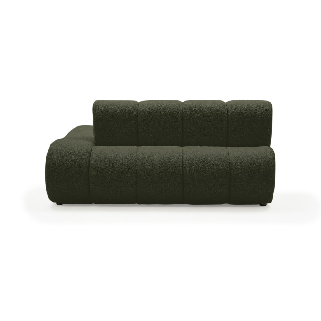 Side detail view of dark green sofa on white background