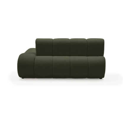 Side detail view of dark green sofa on white background