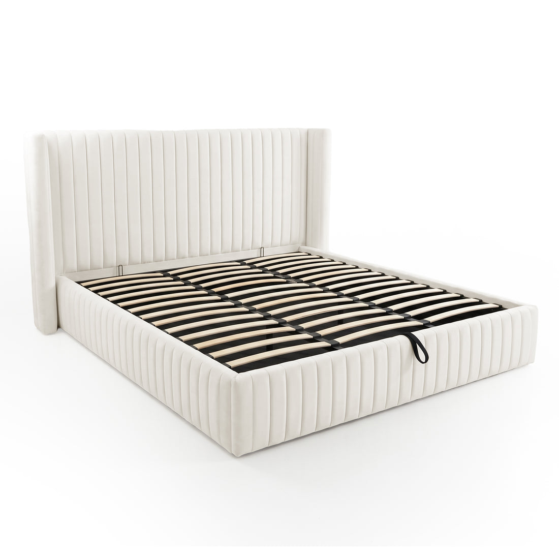 Modern upholstered bed frame with visible slats on white background