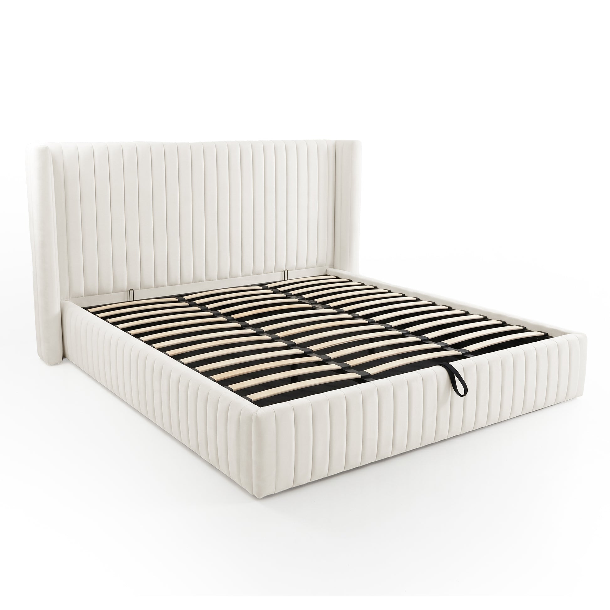 Modern upholstered bed frame with visible slats on white background