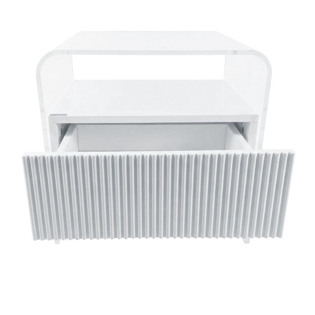 white acrylic nightstand on white background with partially open drawer