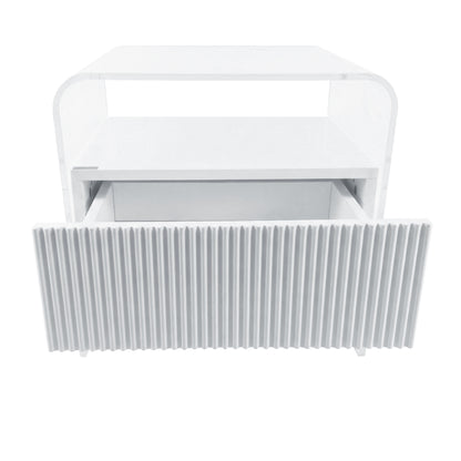 white acrylic nightstand on white background with partially open drawer