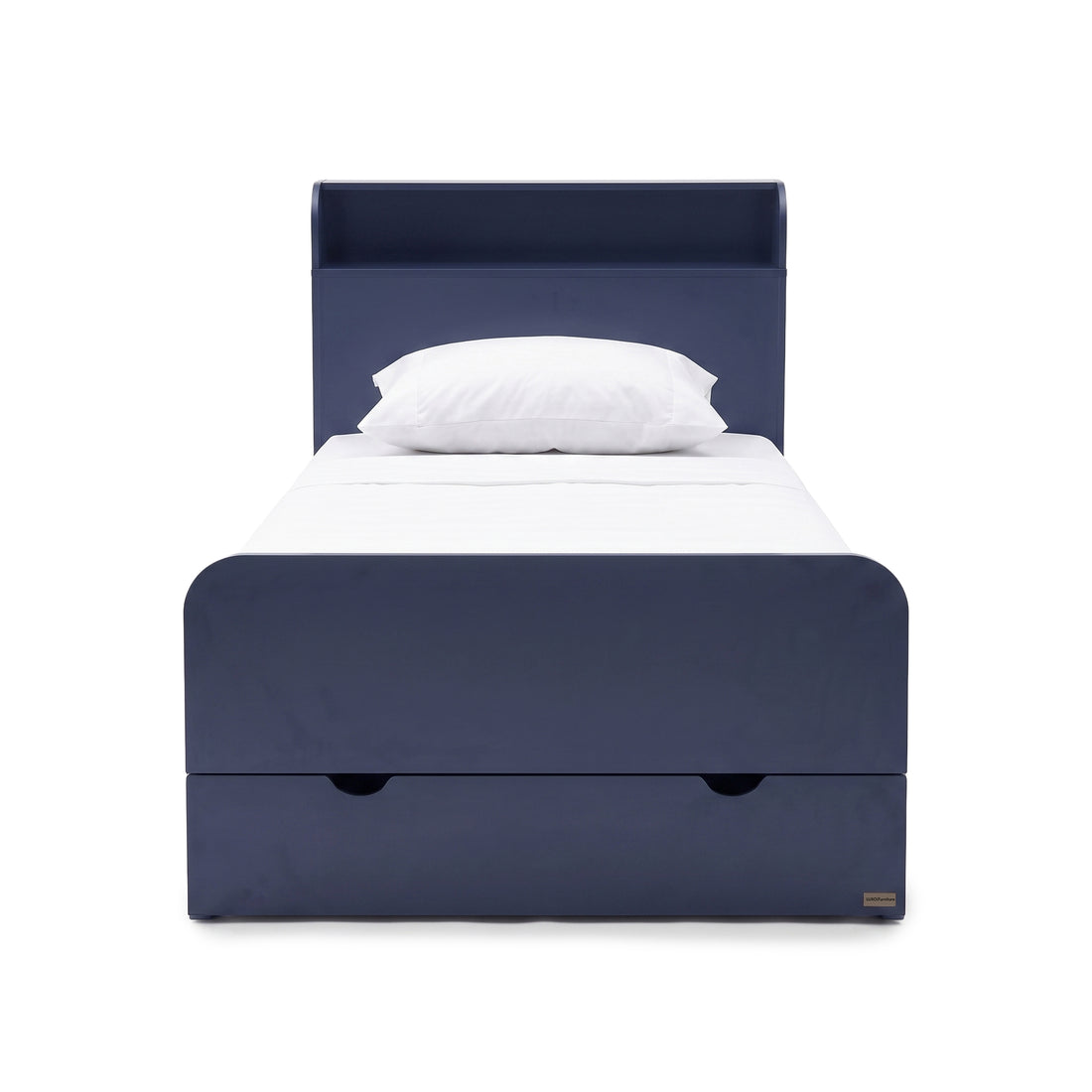 Front view of a navy blue single bed with storage drawer on a white background