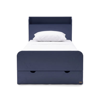 Front view of a navy blue single bed with storage drawer on a white background