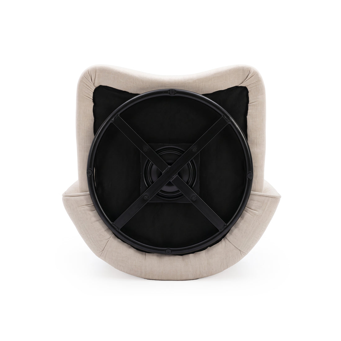 Underside view of a beige upholstered chair with a black swivel base on white background