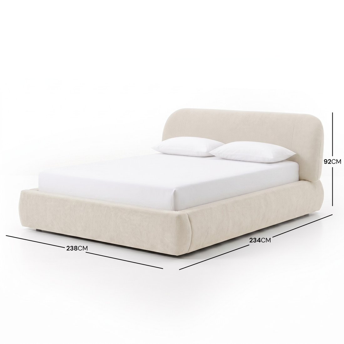 Upholstered bed with dimensions shown on a white background