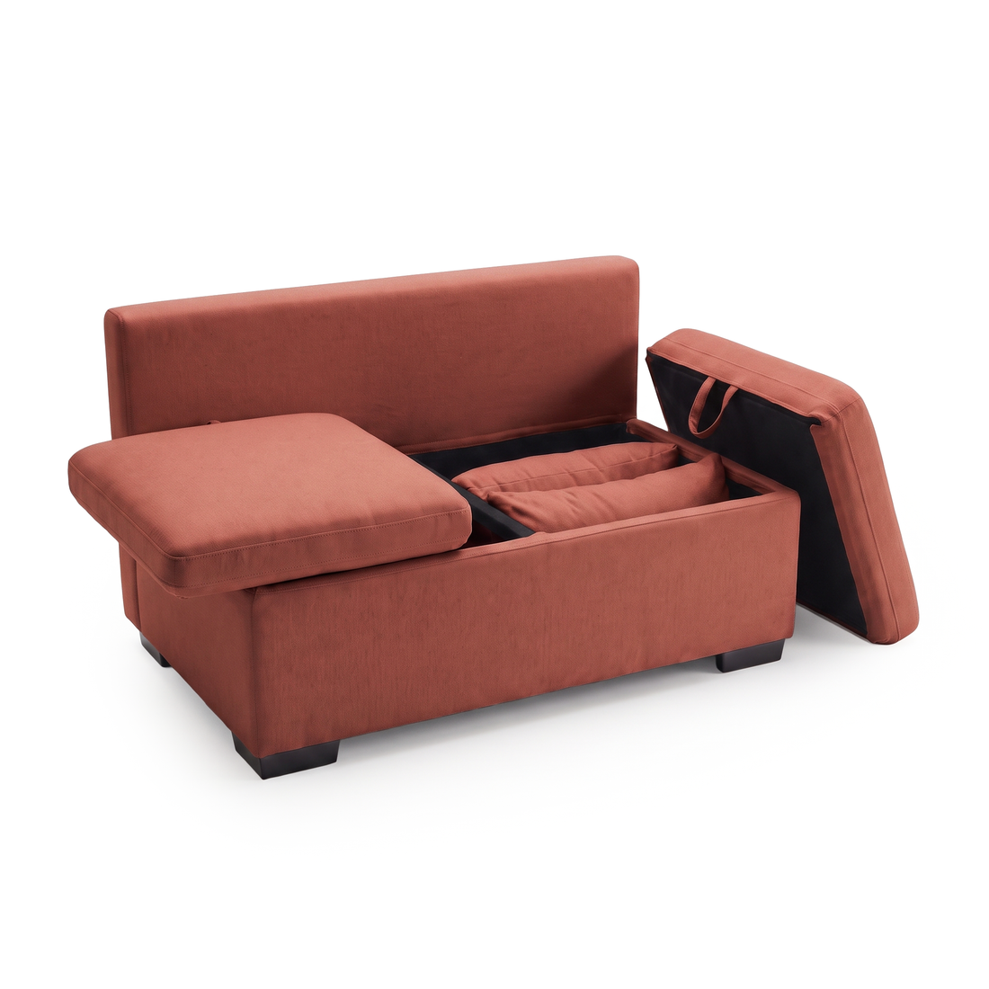 Terracotta upholstered storage unit with cushions removed