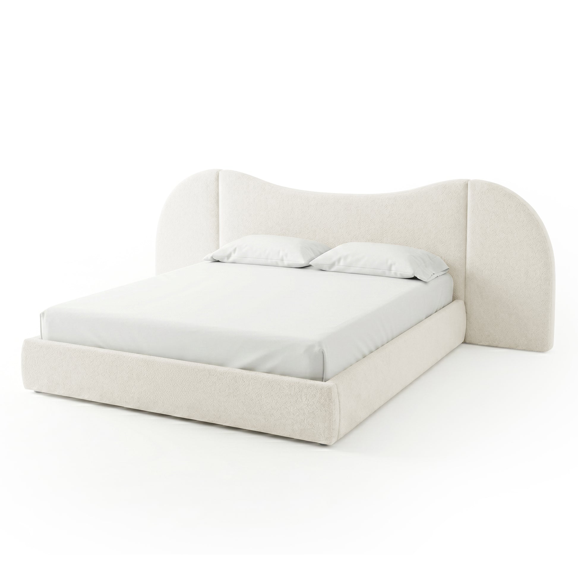 Modern upholstered cream bed with curved headboard on white background
