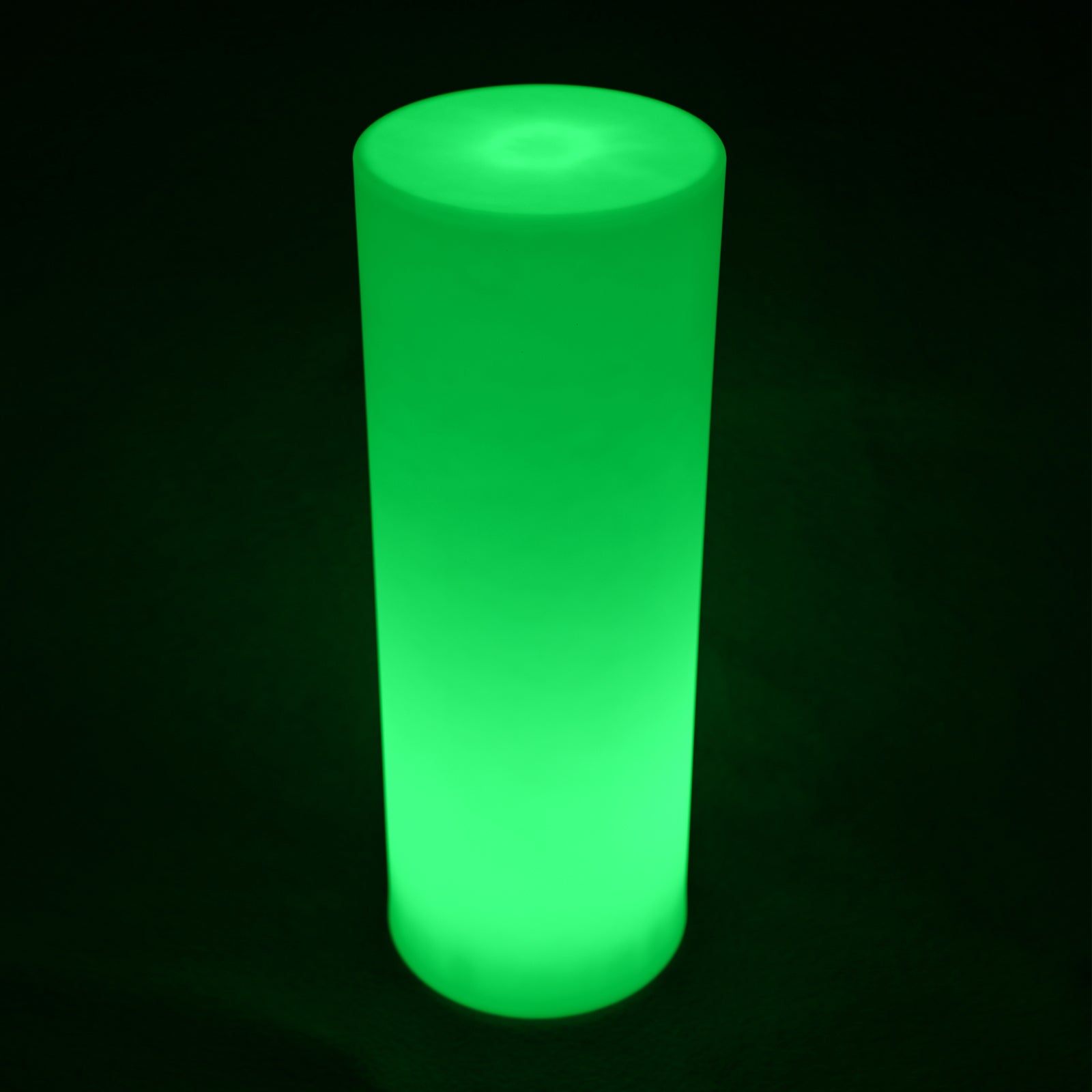 70cm Outdoor Solar LED Bollard Light glowing bright green, stands upright with a sleek cylindrical design, illuminating a dark background, showcasing its vibrant LED feature ideal for outdoor ambiance.
