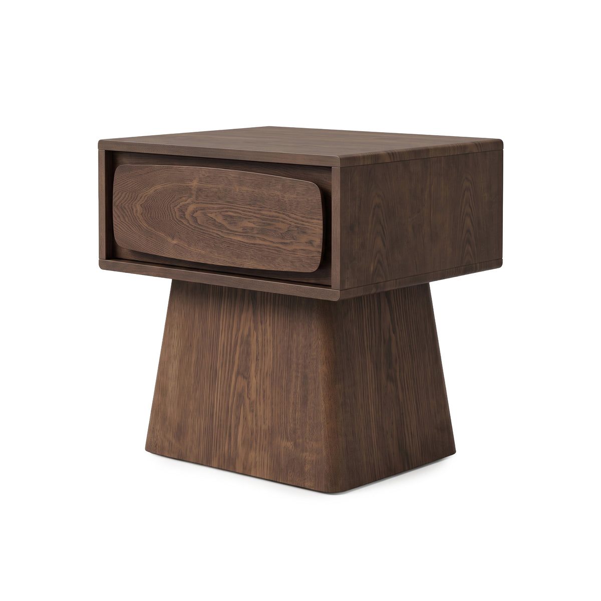 Minimalist wooden side table with one drawer on a white background