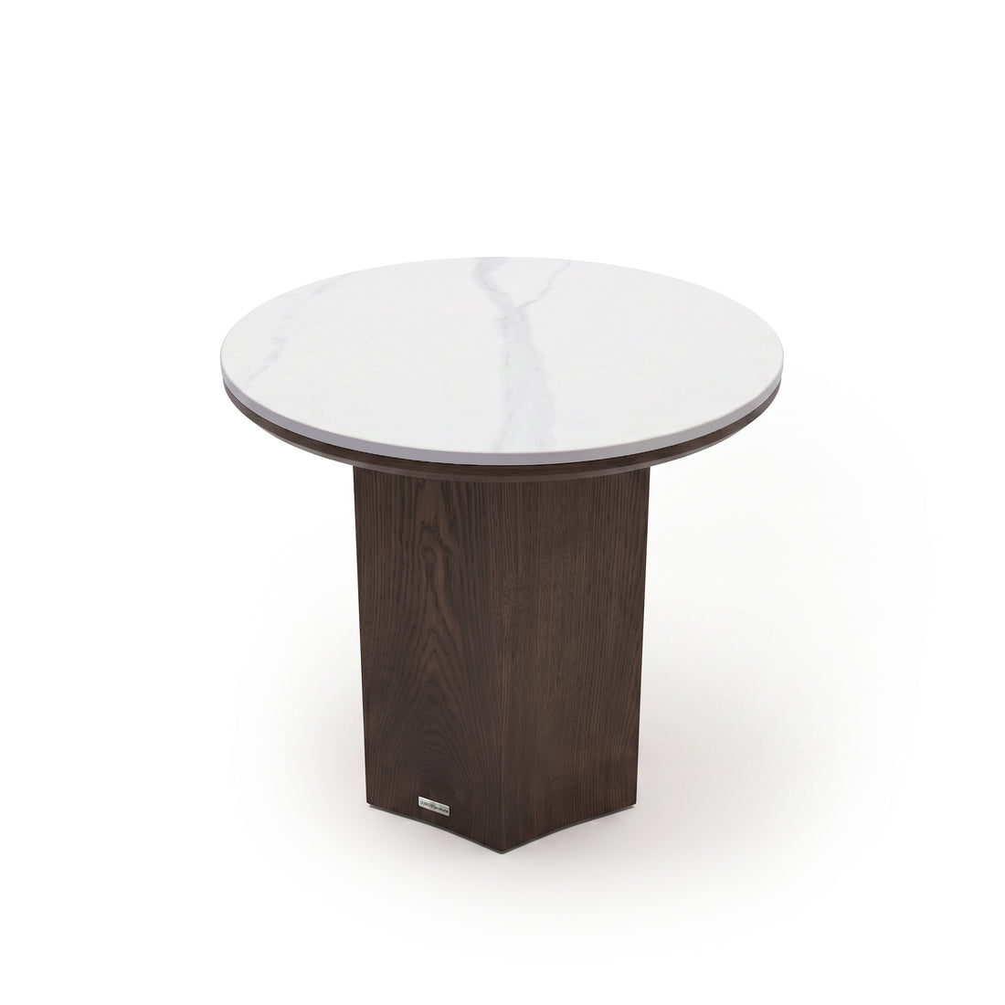 Round side table with a white marble top and dark wooden pedestal base on a white background
