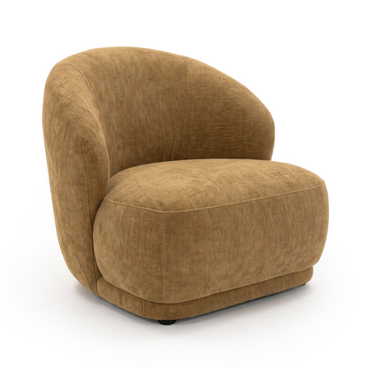 Mustard gold upholstered accent chair on a white background, slightly cropped at the base.