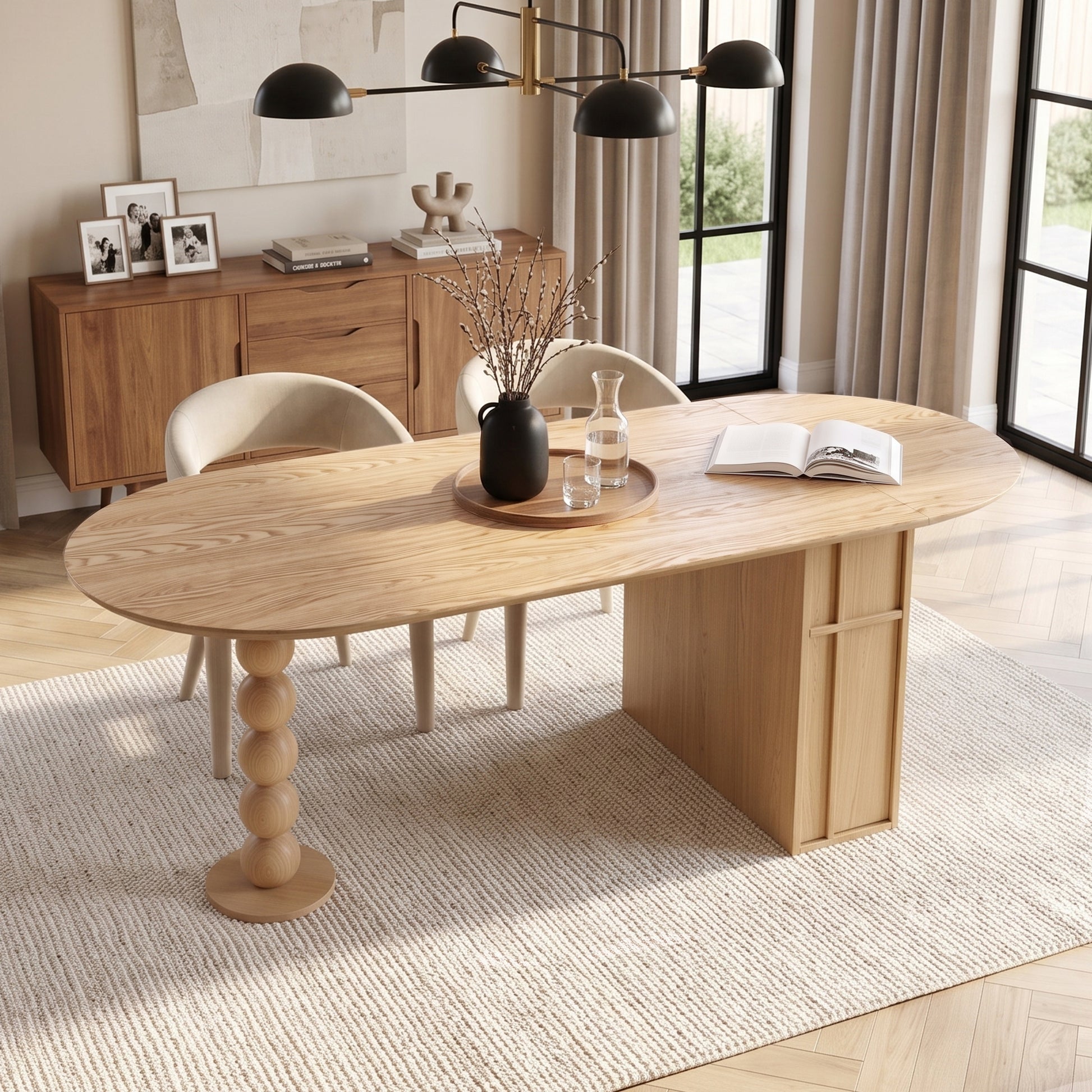 Modern oval wooden table styled in a contemporary room with decor and daylight