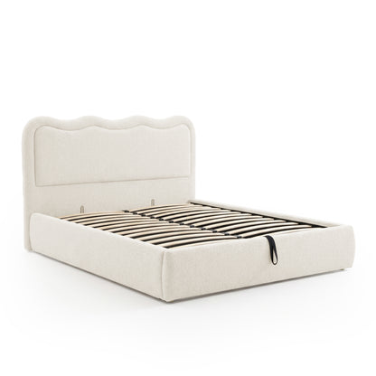 Beige upholstered bed frame with slatted base on white background