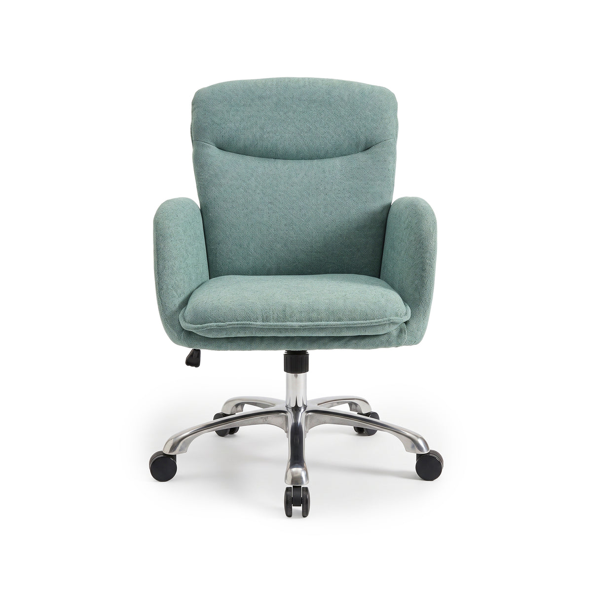 Front view of a modern upholstered office chair on a white background